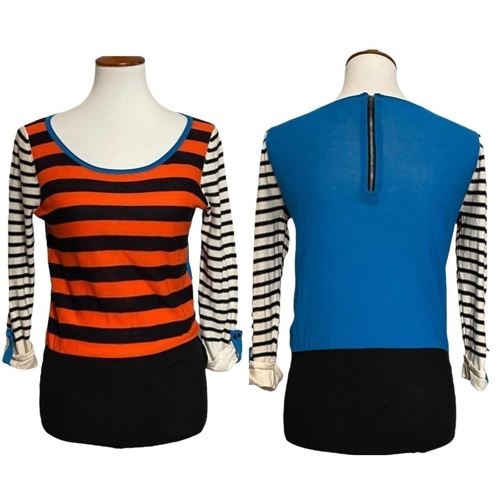 🍀 Tracy Reese Women's Orange Black Blue White Striped Scoop Neck Knit Top Size M